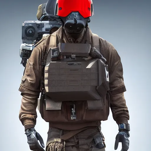 Prompt: futuristic insurgent wearing black helmet glossy visor, brown cloak, technical vest with tubing, and a backpack, photorealistic, digital art , red tint