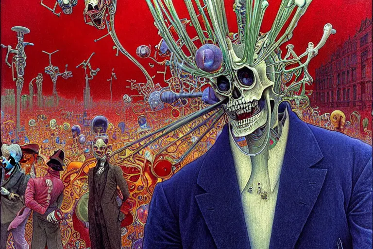 Image similar to realistic detailed closeup portrait painting of a single skeleton wearing red velvet blazer in a crowded futuristic moscow street by Jean Delville, Amano, Yves Tanguy, Alphonse Mucha, Ernst Haeckel, Edward Robert Hughes, Roger Dean, rich moody colours, blue eyes