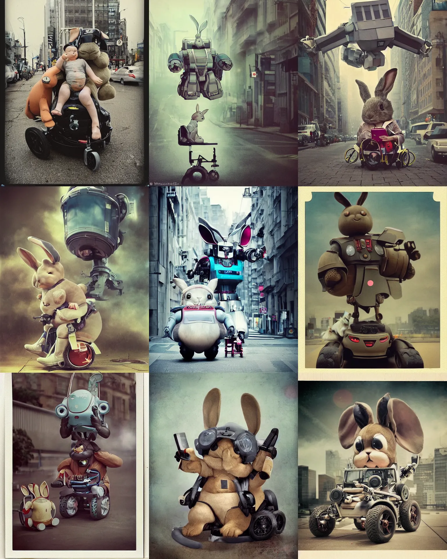 Prompt: shocking!! epic pose!!! giant oversized battle rabbit robot chubby mech baby sport wheelchair! double decker with giant oversized ears and rabbit babies in sitting pose ,in busy city , full body , Cinematic focus, Polaroid photo, vintage , neutral dull colors, soft lights, foggy mist , by oleg oprisco , by national archives, by discovery channel, by victor enrich , by gregory crewdson