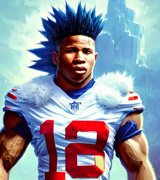 Prompt: highly detailed portrait of super saiyan saquon barkley ny giants football, unreal engine, fantasy art by greg rutkowski, loish, rhads, ferdinand knab, makoto shinkai and lois van baarle, ilya kuvshinov, rossdraws, tom bagshaw, global illumination, radiant light, detailed and intricate environment