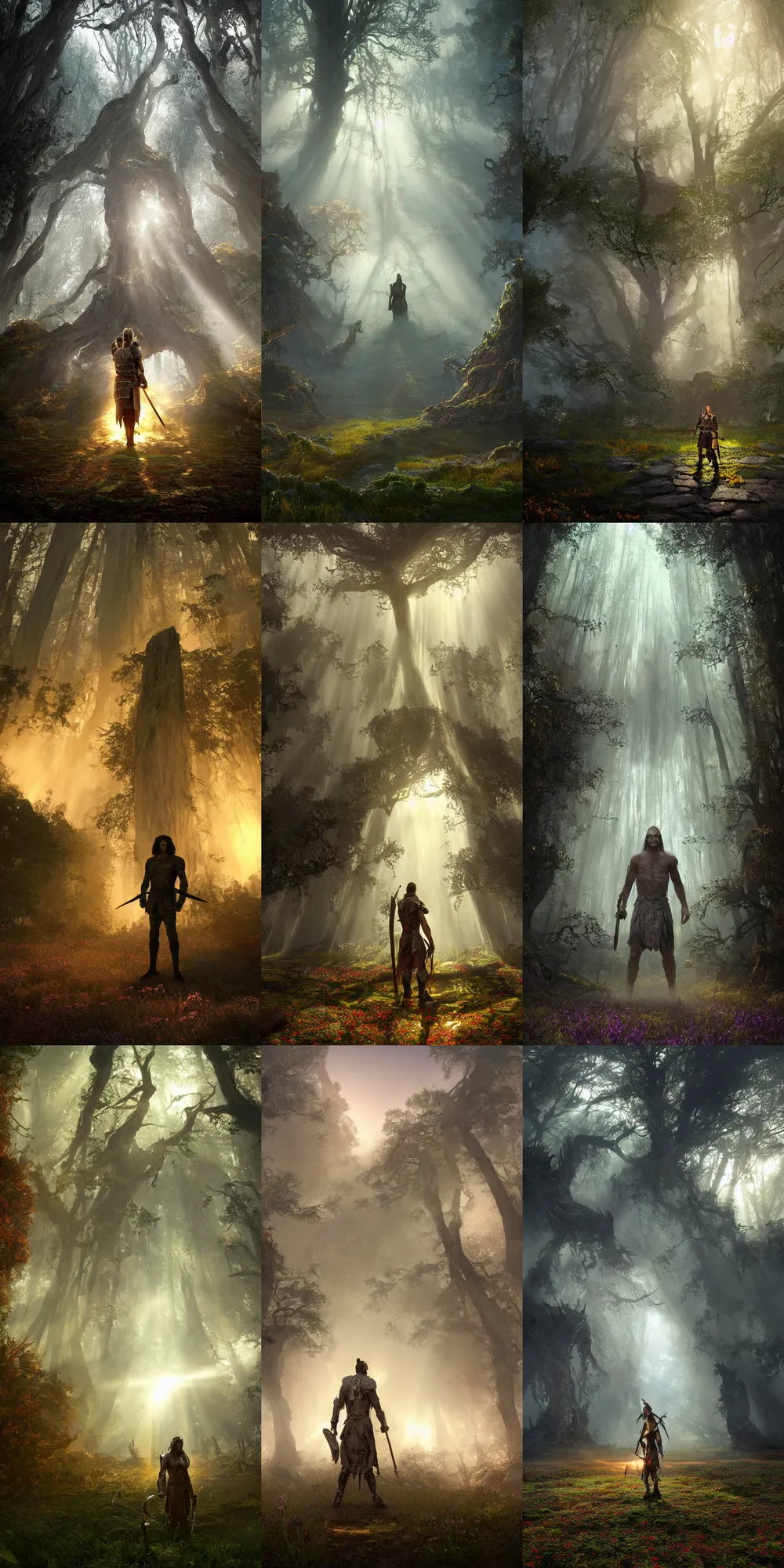 Prompt: a mirrored portrait of a legendary warrior in front of a mystical overgrown ancient landscape with a gateway to hell in a haunted burning forest rays of light 4k digital art unreal engine trending on artstation pearly flagstones, giant trees, god rays, bloom, volumetric fog, moody ambiance, cinematic lighting, twilight, sunset, rose and lavender and amber tones, Maxfield Parrish, Brom, Caravaggio, Da Vinci, Rubens, fantasy character, portfolio illustration, highly detailed, trending on Artstation, CGsociety, HQ, 8k, 35mm lens, f2.8, Bokeh,