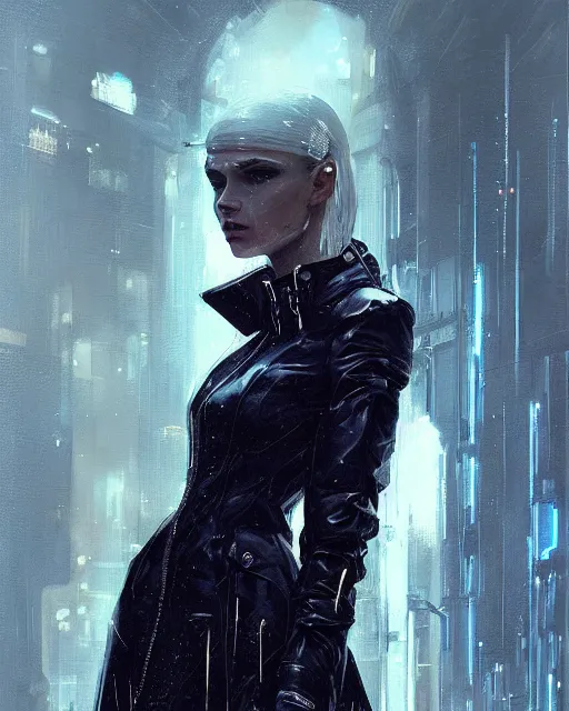 Image similar to detailed portrait of European Pretty Young Girl Storm Rain movie Jacket coat, Futuristic sci-fi fashion, royal attire by ismail inceoglu dragan bibin hans thoma greg rutkowski Alexandros Pyromallis Nekro Rene Margitte illustrated Perfect face, sharp chine, fine details, realistic shaded, fine-face, pretty face cyberpunk, neotokyo, synthwave, aesthetics, futuristic, low-emission-neon, bladerunner movie scene