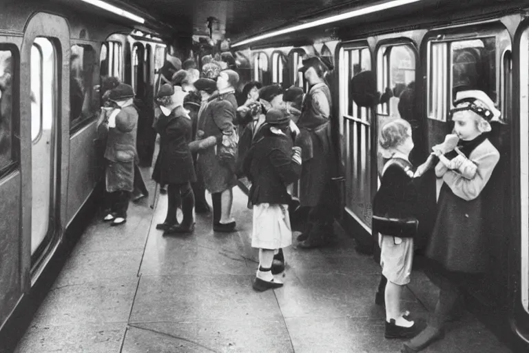 Image similar to A picture of 1934 in the new York subway. Children playing with a mobile phone, retro, vintage, ultra detailed, 20mm camera