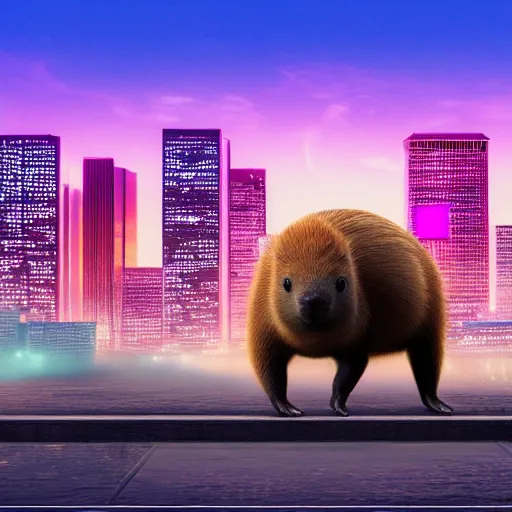 Prompt: Capybara in a vaporwave city, photorealistic, HDR, 4k, wallpaper, epic, Cinematic, ray-traced, 8k, unigine render