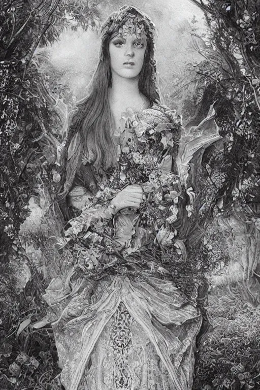 Image similar to An extremely beautiful pre-raphaelite intricate ultradetailed ornate portrait of a very beautiful elegant witch, regal, digital art painting, smooth, sharp focus, magazine art cover illustration, award winning picture, extremely detailed masterpiece, sense of awe, featured on Artstation, Artgerm, ethereal bubbles, Aetherpunk, atmospheric lightning, backlit, concept art, Exquisite matte painting, floral details, 8K detail post-processing