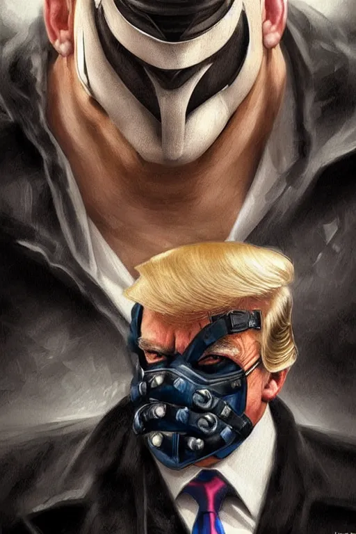 Image similar to Donald Trump as Bane from The Dark Knight, portrait, highly detailed, digital painting, artstation, concept art, smooth, sharp focus, illustration, cinematic lighting, art by artgerm and greg rutkowski and alphonse mucha