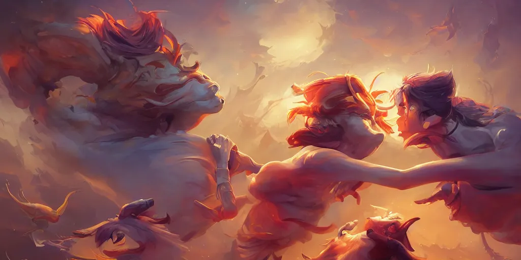 Prompt: Aesthetic art of the Zodiacs playing with each other , cgsociety, fantasy art, concept art , ambient occlusion, behance hd , concept art by Jesper Ejsing, by RHADS, Makoto Shinkai Cyril Rolando