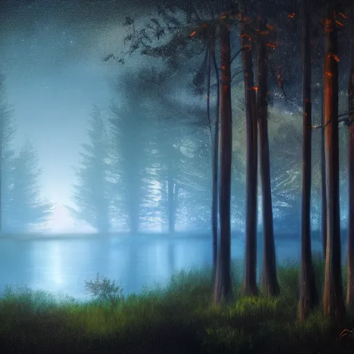 Prompt: lake, forest, night, fog, trees, glowing fireflies, moonshine, volumetric lighting, canvas, oil paint