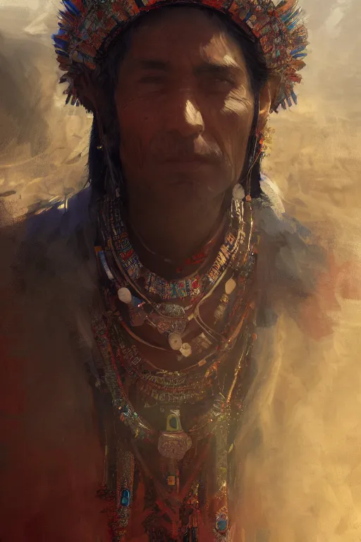 Image similar to aztec priest, close - up portrait, devoted, intricate, elegant, volumetric lighting, scenery, digital painting, highly detailed, artstation, sharp focus, illustration, concept art, ruan jia, steve mccurry