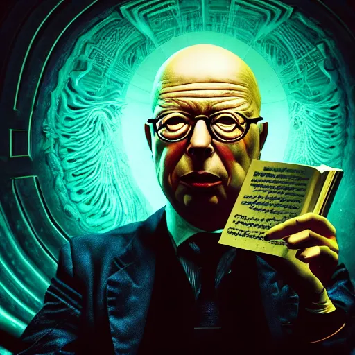 Image similar to uhd photorealistic dark scifi illustration of klaus schwab, reading necronomicon wearing bizarre voodoo makeup. cinematic lighting, intricate makeup, swirling ghosts, in the style of akira toriyama, beksisnski, amano and karol bak, evil, fantasy, hyperdetailed.