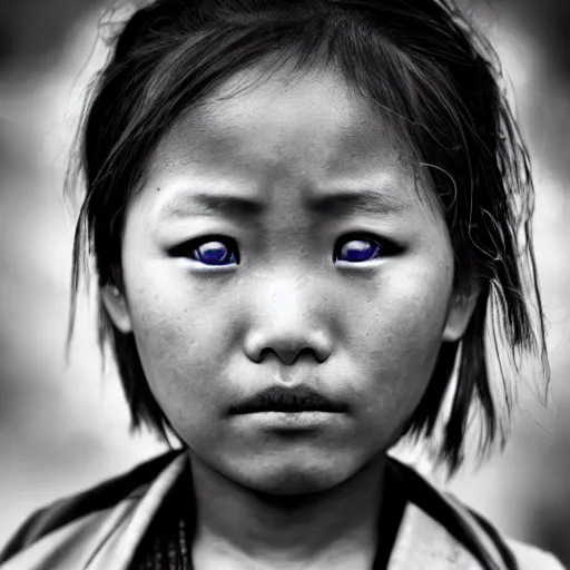 Prompt: Photo of a young Tibetan girl with blue eyes in the style of Lee Jeffries