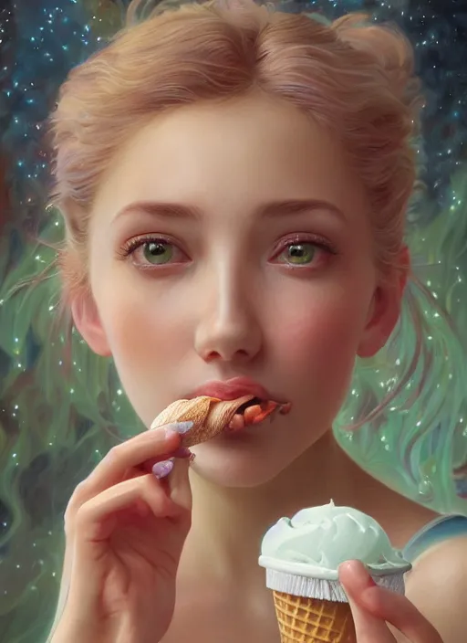 Image similar to a photorealistic detailed portrait of a beautiful girl eating ice cream, detailed, intricate, elegant, highly detailed, digital painting, artstation, concept art, smooth, sharp focus, illustration, art by hana yata, artem demura, alphonse mucha, octane render, unreal engine, 8 k