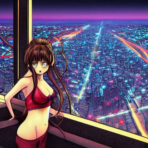 Image similar to beautiful girl looking from the edge of the mountain on the giant night city below, midnight, highly detailed colored manga page, illustration by diego facio, hyper realism