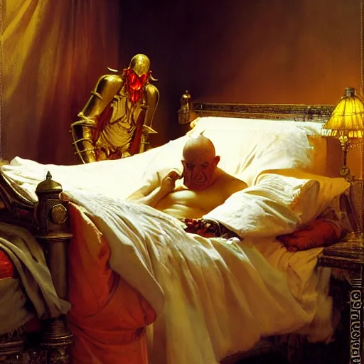 Prompt: the pope is in his bed, nervous and terrified, because a double horned shadow demon from hell lingers across the bed. highly detailed painting by gaston bussiere, j. c. leyendecker, greg rutkowski, craig mullins 8 k