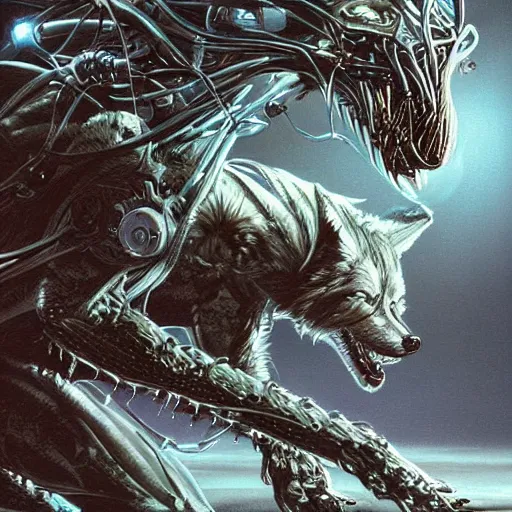 Prompt: cybernetic neo - predator mind transfer : wolf - like creatures running impossibly fast through the night, hunting prey and reveling in their machine - aided supremacy over any natural creature, sci - fi fantasy illustration