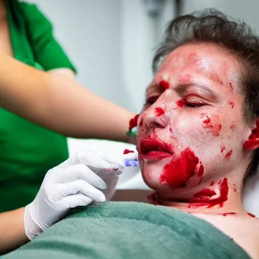 Image similar to a crying blood donor donating green blood in the hospital. green blood is dripping from blood donor's arm on to the floor.