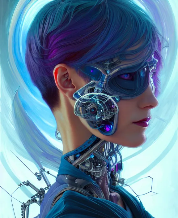 Image similar to a whirlwind of souls rushing inside the metaverse, half body, jewelry, fashionable short haircut, android, cyborg, cyberpunk face, by loish, d & d, fantasy, intricate, elegant, highly detailed, colorful, vivid color, digital painting, artstation, concept art, art by artgerm and greg rutkowski and alphonse mucha