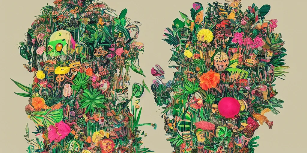 Prompt: gigantic head floating above huge insects, tiny robots, a lot of exotic flowers and plants, risograph!!!, flat surreal design, super - detailed, a lot of tiny details, fullshot, by luigi serafini