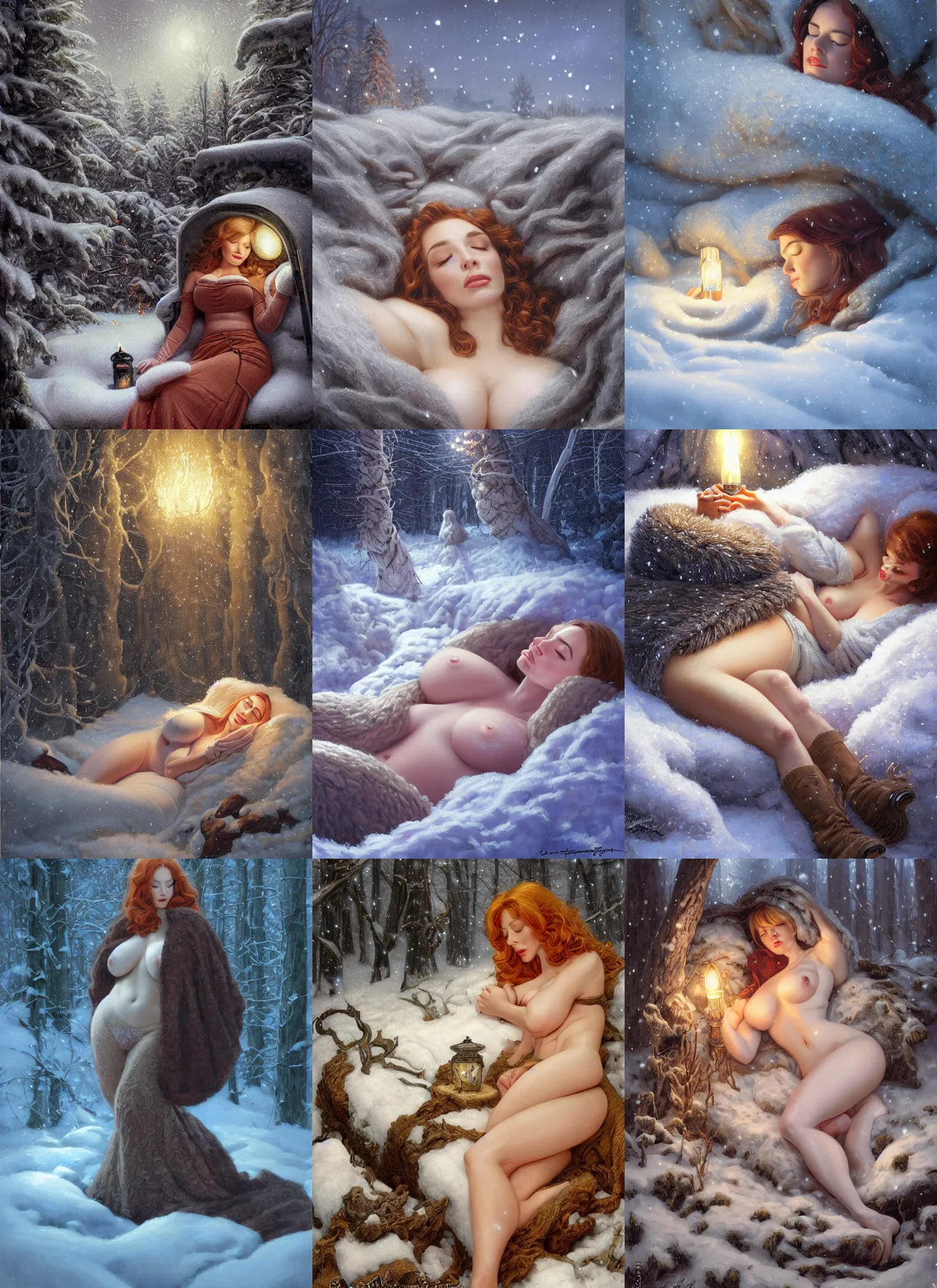 Prompt: portrait of muscled Christina Hendricks sleeping in soft snow wearing thick warm wooly covering clothing, winter scene fantasy, fireflies, torch light, scary creatures in background, intricate, elegant, highly detailed, centered, smooth, sharp focus, Donato Giancola, Joseph Christian Leyendecker, WLOP, Boris Vallejo, Artgerm