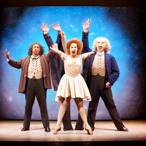 Image similar to quantum physics the musical on broadway, with isaac newton, albert einstein, the apple and the moon