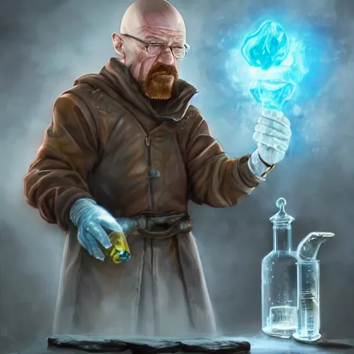 Image similar to Walter White as an Alchemist Making the Potion of Solid Rocks, Fantasy Illustration by Tony Sart, Trending on artstation