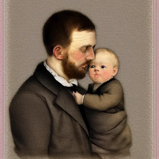 Prompt: detailed minimalist half-lenght mixed media portrait of a father with child. digital collage with many flemish barouque elements. soft matte pastel tones. matte background. HD 8x