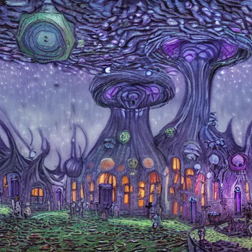 Prompt: concept art detailed painting of a dark purple fantasy fairytale fungal town made of mushrooms, with glowing blue lights, in the style of vincent van gogh and wayne barlowe