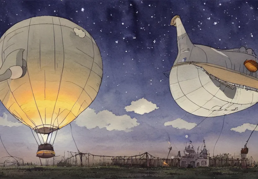 Image similar to a hyperrealist watercolor concept art from a studio ghibli film showing a giant grey blimp in the shape of an elephant. a hindu temple is under construction in the background in india on a misty and starry night. by studio ghibli. very dull muted colors