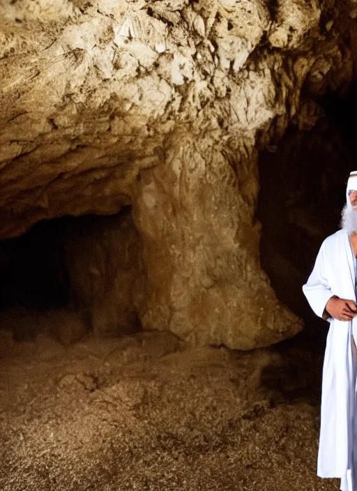 Prompt: photograph of a jewish prophet in his 3 0 s wearing a white robe, cinematic, epic framing, closeup, dslr, spiritual, candle lit cave background