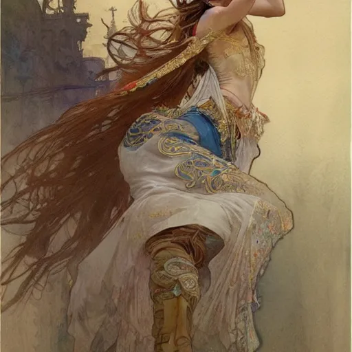 Image similar to a beautifull intricate watercolour painting of a dancing balerinas in ateliere, reflexions, verry high details by william turner art, greg rutkowski and alphonse mucha, trending on artstation, very very detailed, masterpiece,