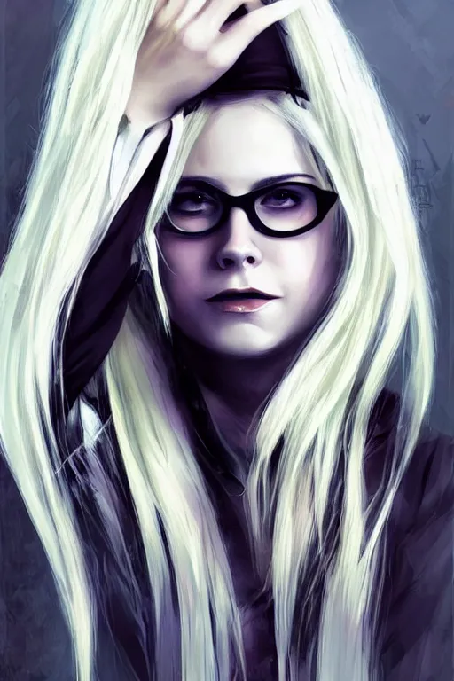 Prompt: Avril Lavigne with white hair and black rimmed glasses. In the style of Marc Simonetti.