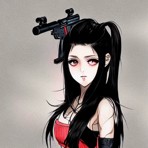 Image similar to upper body portrait of a beautiful girl with long black hair, wearing black riot gear, holding AR-15, drawn by WLOP, by Avetetsuya Studios, attractive character, colored sketch anime manga panel, trending on Artstation