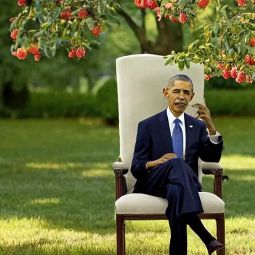 Image similar to obama on a chair standing on a peach tree