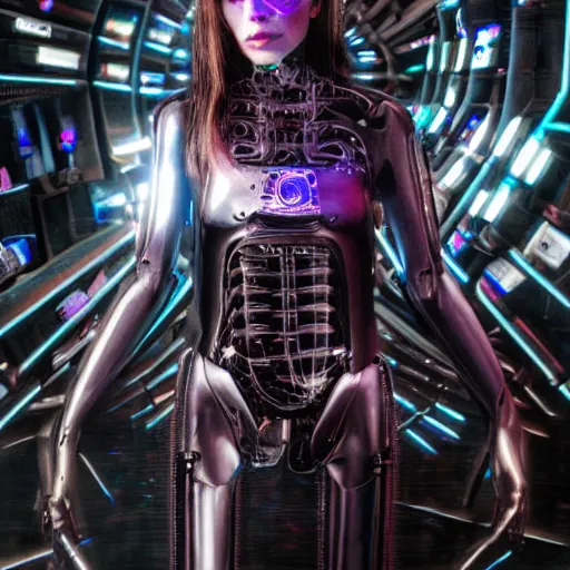 Prompt: charlotte kemp muhl as a cyborg android, giger, futuristic, cyberpunk, neon, vivid color, high resolution, 8 k detail