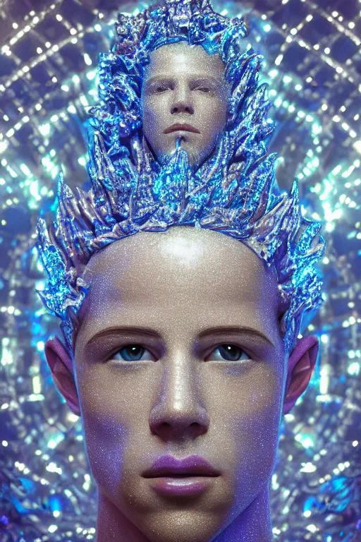 Prompt: hyper detailed ultra sharp portrait of baroque and bladerunner delicate neon diamond sculpture of seductive albino pharaoh nick jonas, diamond sphinx blue iridescent humanoid deity wearing metallic hoody made out of hands holding the sun prismatic dungeon, glowing blue face, crown of white diamonds, cinematic lighting, photorealistic, octane render 8 k depth of field 3 d