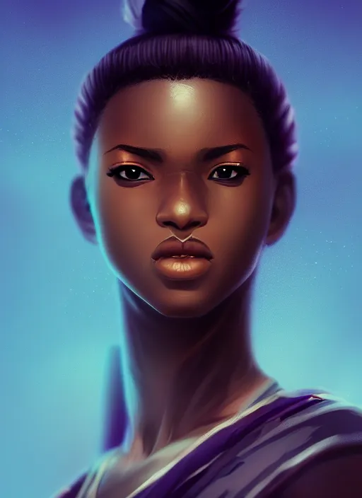 Image similar to attractive female portrait of african ninja, cloud background, rul of thirds, uplight, intricate, symmetrical!!, anime, prism highlights, depth of field, cinematic, filmic, vsco, concept art, artstation, digital painting, elegant, epic, focus