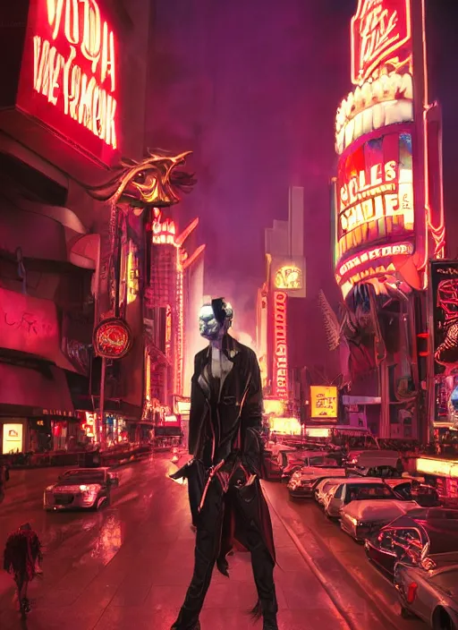 Image similar to 35mm kodak portra photograph of a shadowrun vampire on the Las Vegas strip at night by tomer hanuka and tom bagshaw, handsome face, blood, urban fantasy, hyper realism, high detail, octane render, 8k, trending on artstation, CGsociety, concept art