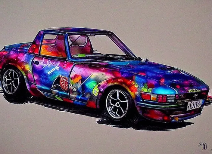 Image similar to beautiful yoshitaka amano art of a datsun fairlady roadster detailed painting