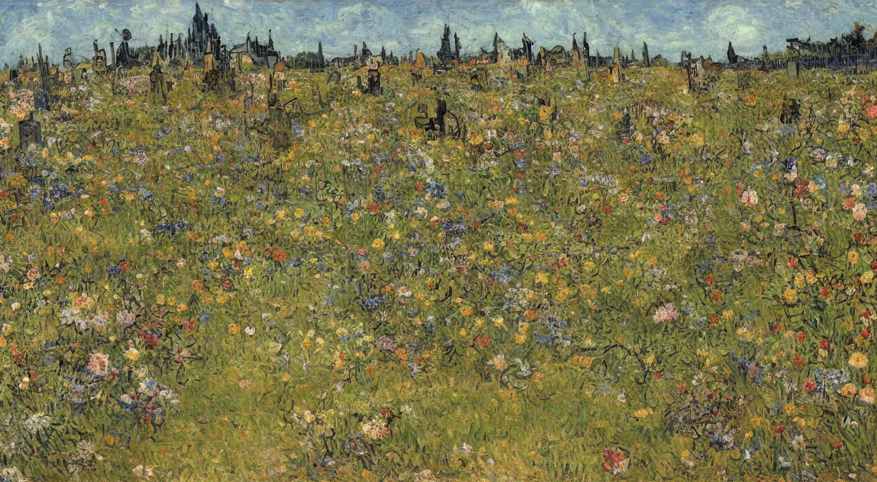 Prompt: painting of a graveyard adorned with flowers in a cemetary by van gogh, beautiful sunny day