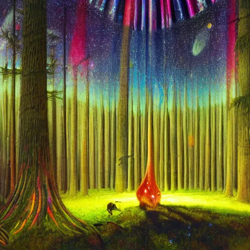 Image similar to psychedelic glowing animal eyes lush pine forest, outer space, milky way, designed by arnold bocklin, jules bastien - lepage, tarsila do amaral, wayne barlowe and gustave baumann, cheval michael, trending on artstation, star, sharp focus, colorful refracted sparkles and lines, soft light, 8 k 4 k