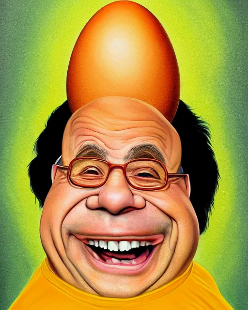 Image similar to painting portrait of danny devito as an egg, cartoon, warm lighting, danny devito has an egg body, movie poster, illustration by bartek fedyczak, erak note, tooth wu, neil richards, kan liu, siwoo kim, jisu choe, trending on art station