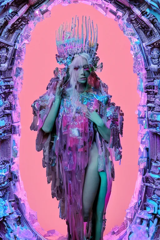 Image similar to photo of full-body baroque and cyberpunk delicate neon crystalline sculpture of ((beautiful feminie albino Spanish princess)) as an onyx humanoid deity wearing ((peach plastic hooded cloak)) (holding an onyx skull) in a onyx aztec temple, reclining, glowing blue face, crown of (pink lasers), large blue diamonds, swirling black silk fabric. futuristic elements. oozing glowing liquid, full-length view. space robots. intricate artwork by caravaggio. Trending on artstation, octane render, cinematic lighting from the right, hyper realism, photorealistic, octane render, 8k, depth of field, 3D