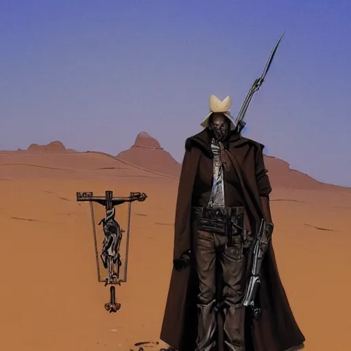 Image similar to a catholic priest with pale skin and black beard, revolver at side, crucifix around neck, similar to roland deschain, shadowy, in middle of desert, art by michael whelan, horror art, science fantasy, highly detailed, hq, trending on artstation, gritty