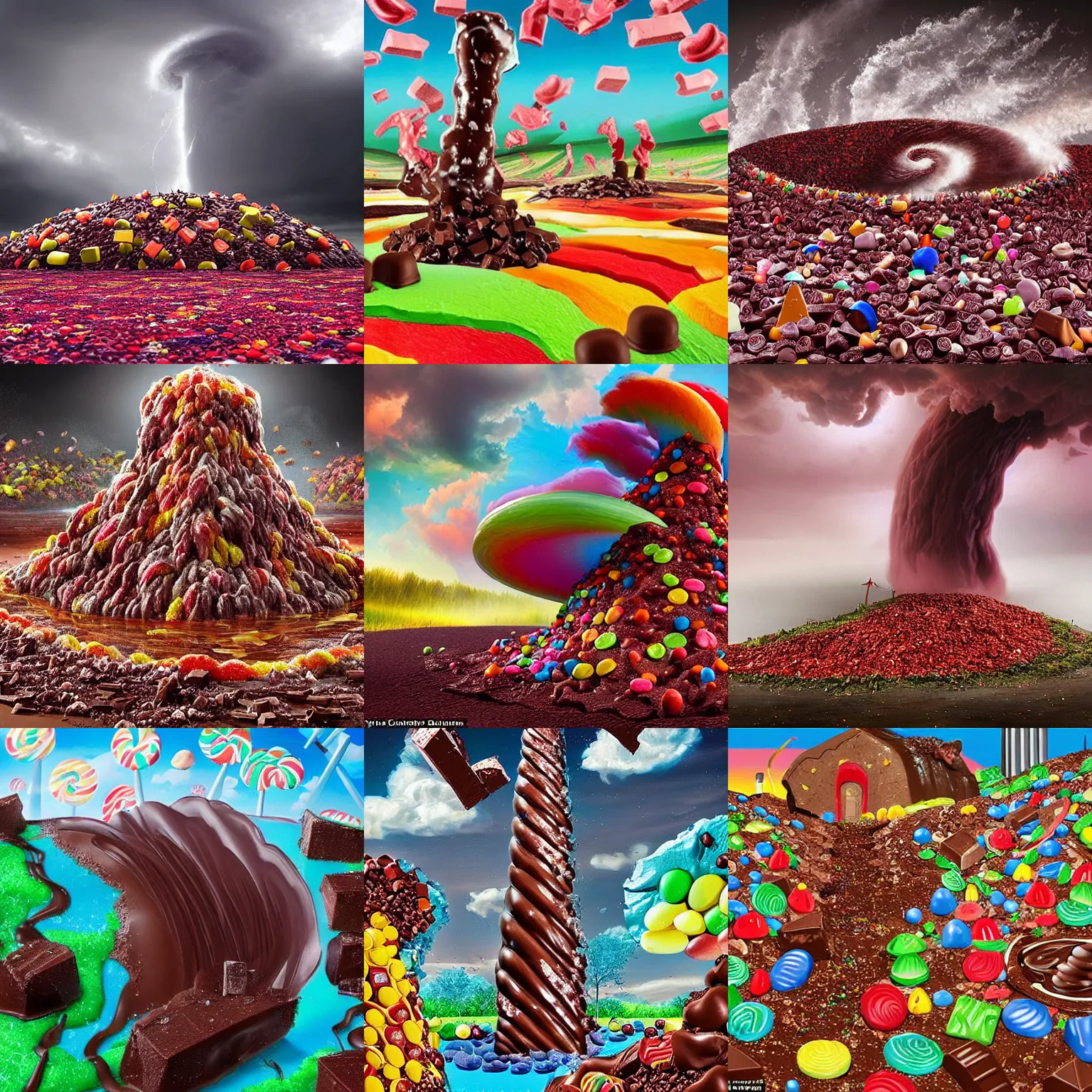 Prompt: a giant tornado made of chocolate devastates landscape made of candy, concept art, vivid colours, artistic