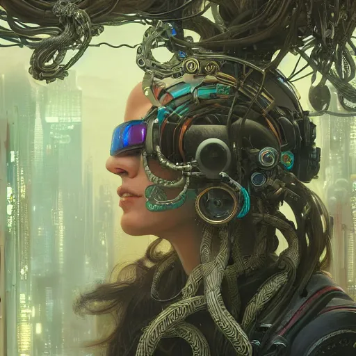 Prompt: portrait of Medusa with vr headset, cyberpunk, cables on the head, futuristic hi-tech details, ominous, intricate, art by anthony macbain + greg rutkowski + alphonse mucha, concept art, 4k, sharp focus, cinematic unreal engine