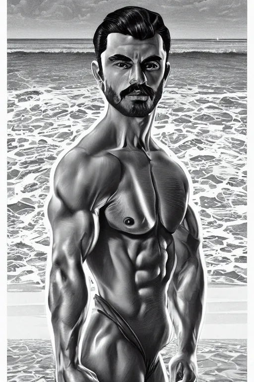 Image similar to gigachad bodybuilder luigi at the ocean by ilya kuvshinov, ernest khalimov body, super mario bros symmetrical face concept art, hyper realistic, intricate, elegent, highly detailed, digital painting, concept art, smooth, sharp, focus, illustration, art by artgerm and greg rutkowski and alphonse mucha, artstation