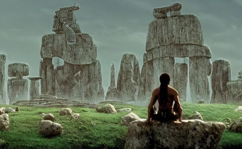 Image similar to movie still from princess mononoke ( 1 9 9 7 ) showing a highly detailed landscape with a giant long - haired buddha in lotus position with stonehenge in the background. 1 9 8 0 s science fiction, 1 9 7 0 s science fiction, cyberpunk, moody, misty, depth perception, 4 k, artstation