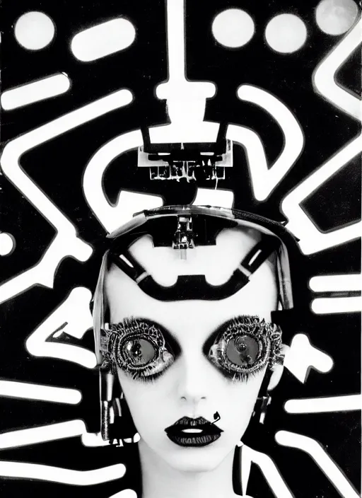 Prompt: Portrait of a punk goth fashion fractal alien girl with a television head wearing kimono made of circuits and leds, surreal photography by Man Ray