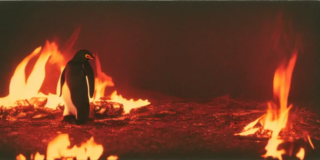 Image similar to detailed medium format photo, polaroid still from tarkovsky movie, penguin standing on burning hot coals, haze, high production value, intricate details, 8 k resolution, hyperrealistic, hdr, photorealistic, high definition, tehnicolor, award - winning photography, masterpiece, amazing colors