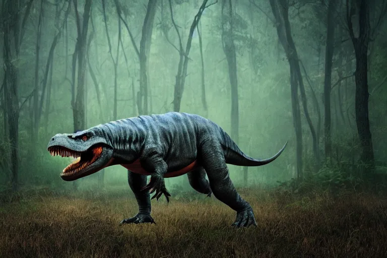 Image similar to Realistic photograph of a tired T-Rex dinosaur standing in the distance in the style of Dark Naturalism, Jungle Grunge, twilight, glows, detailed, studio quality, hd image,